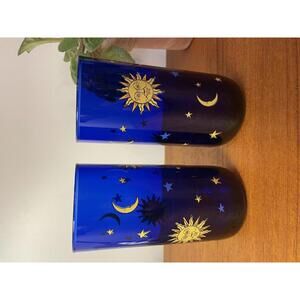 Vintage Libbey Celestial Blue Glass Tumblers Sun Moon Stars Pair ~15cm